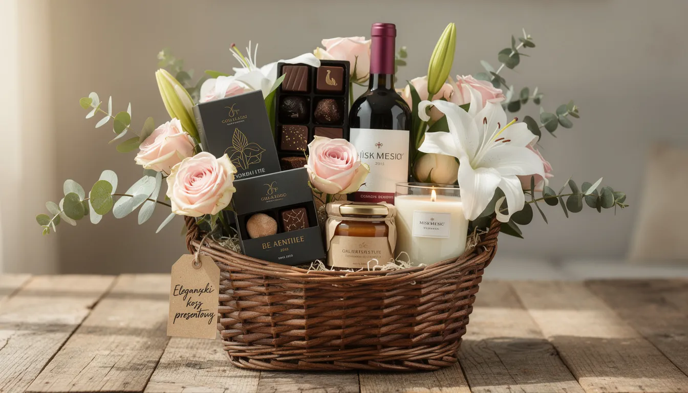 Oryginalne podziękowania dla rodziców – pomysły, prezenty, inspiracje 12 Na eleganckim drewnianym stole znajduje się kosz prezentowy wypełniony kwiatami oraz produktami premium, idealny jako wyraz wdzięczności dla rodziców w dniu ślubu. Kosz upominkowy wyróżnia się estetyczną kompozycją, która podkreśla osobisty charakter podziękowań.