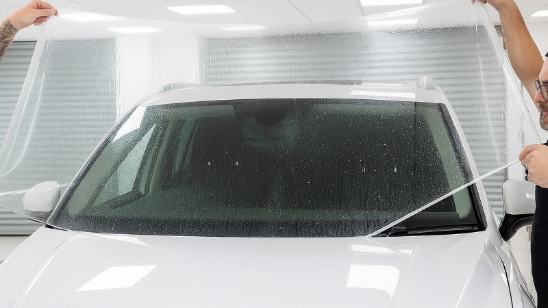 Mechanics applying windshield film to protect car from scratches, road debris and for UV protection
