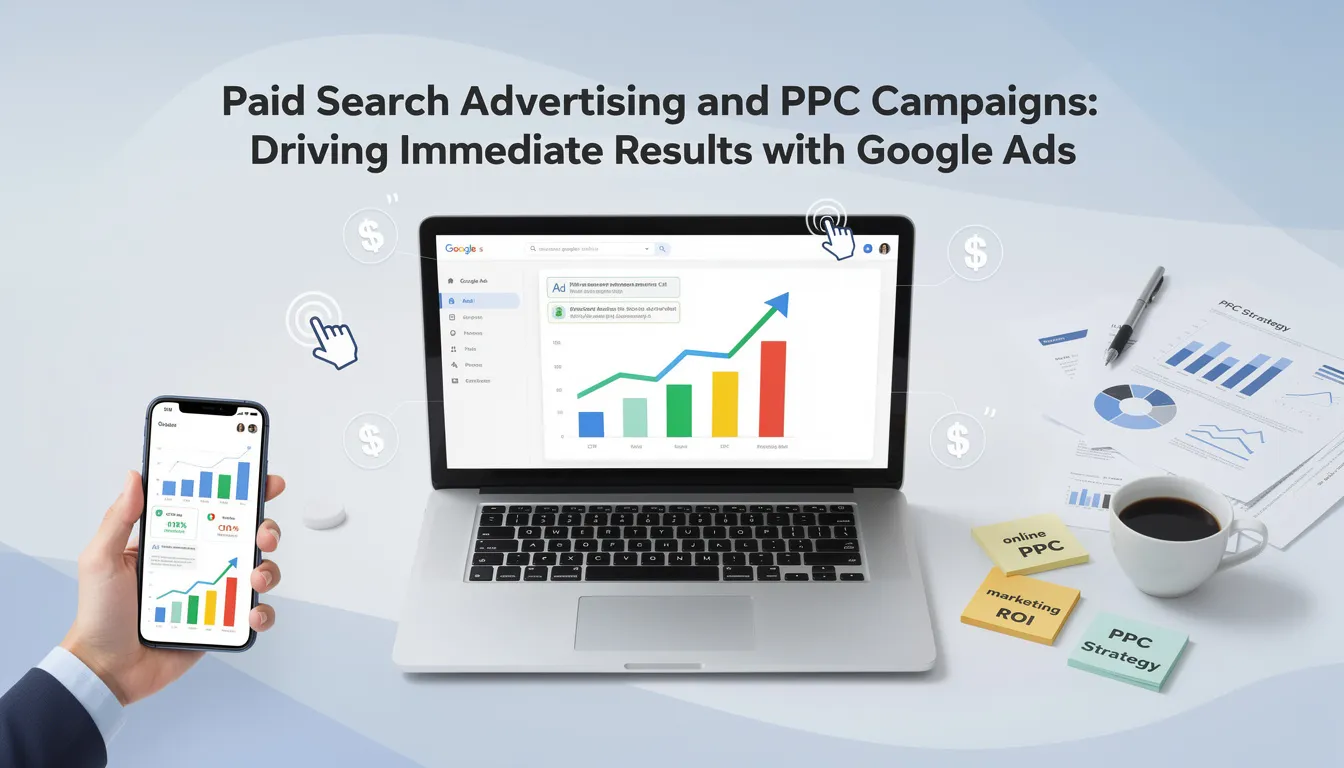 The image illustrates the concept of paid search advertising and PPC campaigns, highlighting Google Ads as a key tool in driving immediate results. It emphasizes the importance of keyword research, ad copy, and targeted ads in search engine marketing strategies to enhance website visibility and attract high-quality traffic.