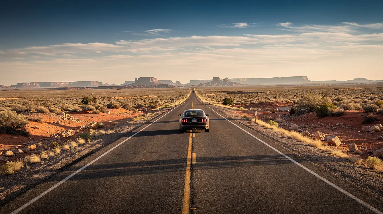 A car is driving down a long highway in New Mexico, surrounded by vast open desert landscape on both sides. This scene highlights the solitude of the road, which can be a reminder of the potential risks involved in car accidents, including hit and run incidents that may require legal assistance from experienced accident lawyers.