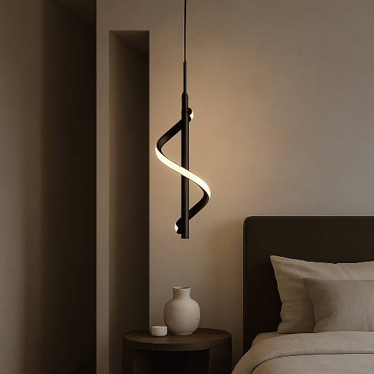 Modern spiral LED pendant light beside the bed, highlighting bedroom pendant lighting ideas.