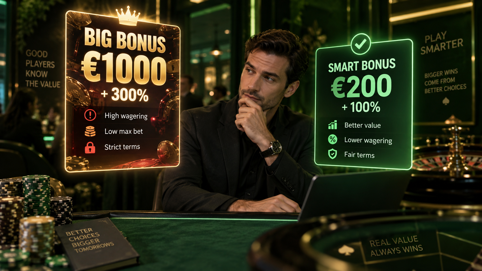 Casino player comparing a large bonus with high wagering requirements against a smaller bonus with fairer terms.