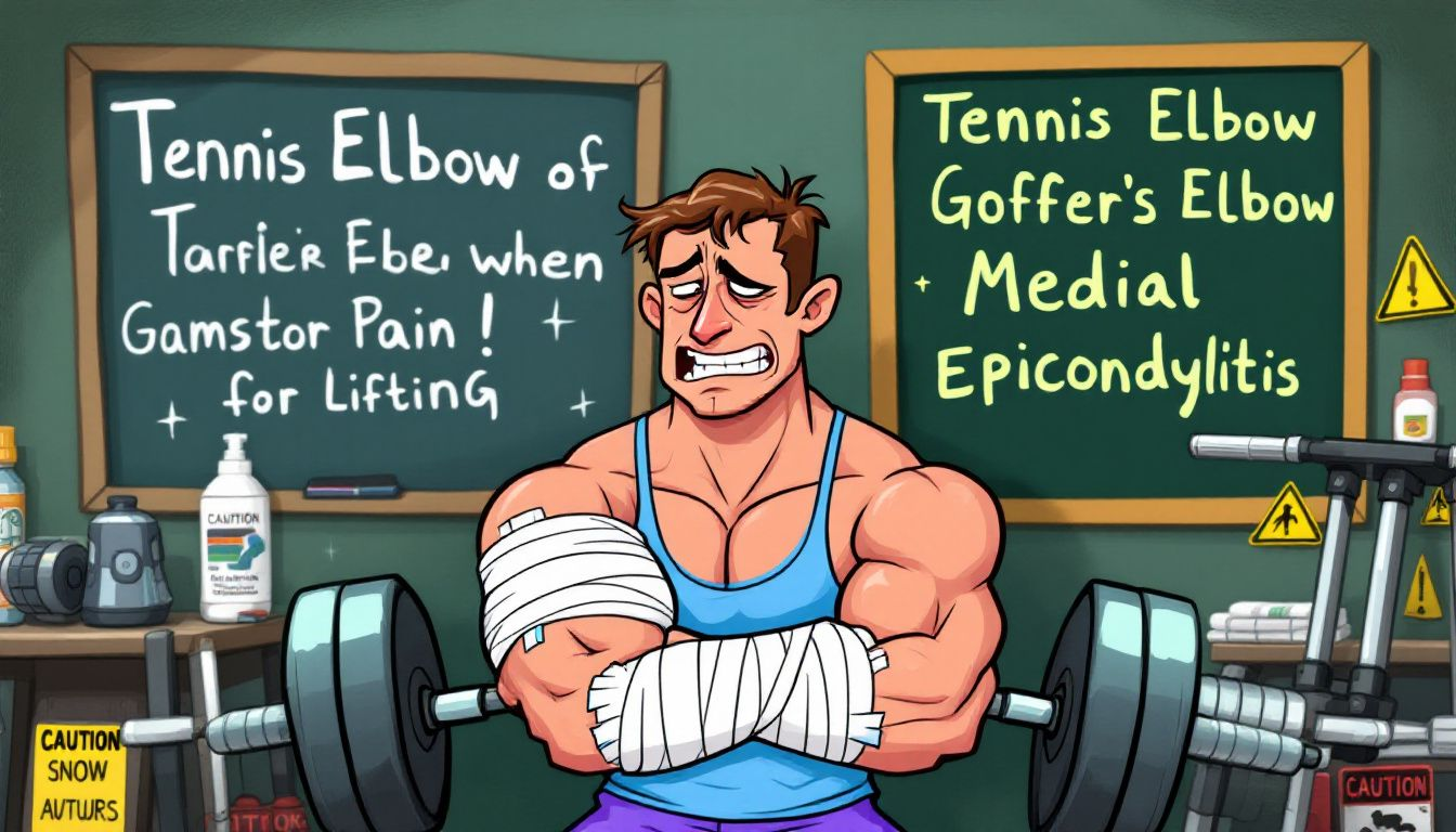 Illustration of common causes of elbow pain when lifting.