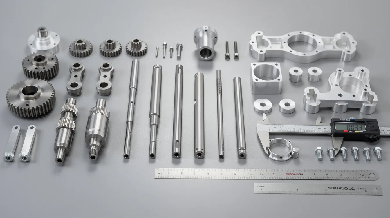 The image features an array of precision-machined aluminum and stainless steel components meticulously arranged on a quality inspection table, showcasing the results of advanced CNC machining processes. These components highlight the high precision and quality achieved through various machining operations, essential for industries such as automotive and aerospace.
