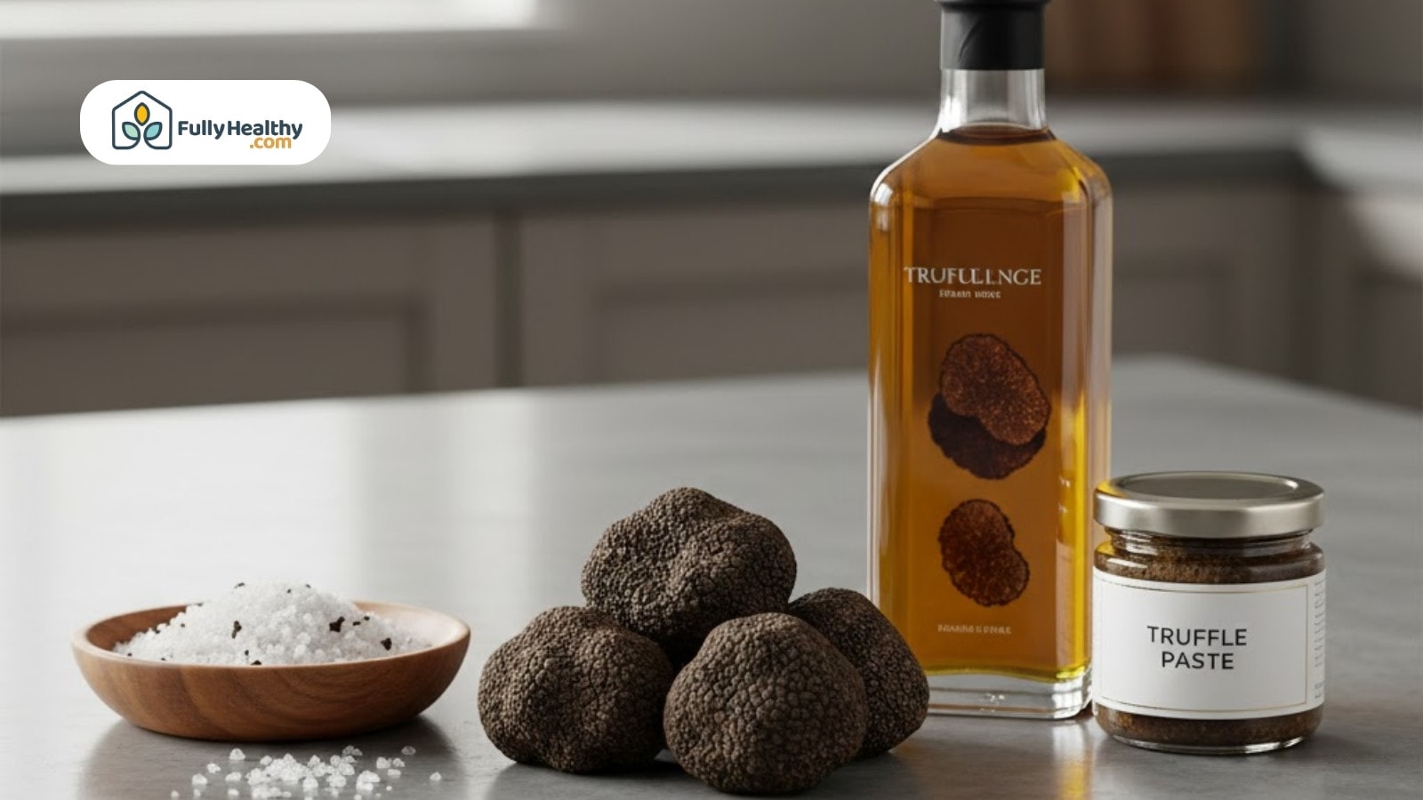 Truffles displayed with truffle oil, paste, and sea salt