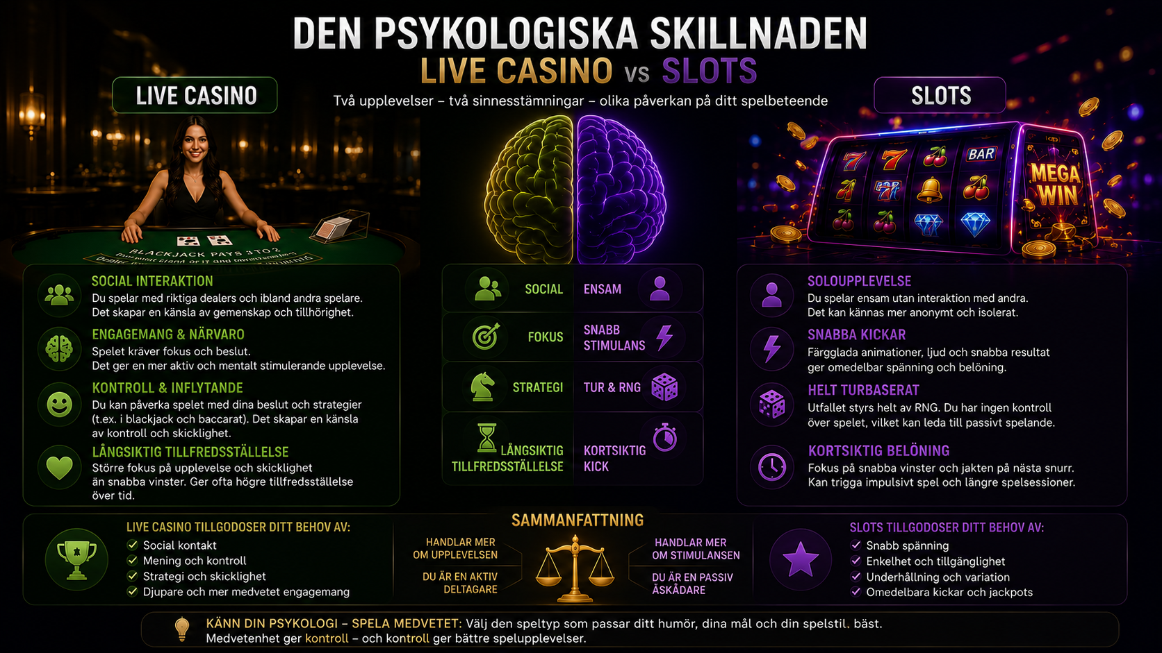 Infografik som visar den psykologiska skillnaden mellan live casino och slots med dealerbord på ena sidan och spelautomater på den andra.