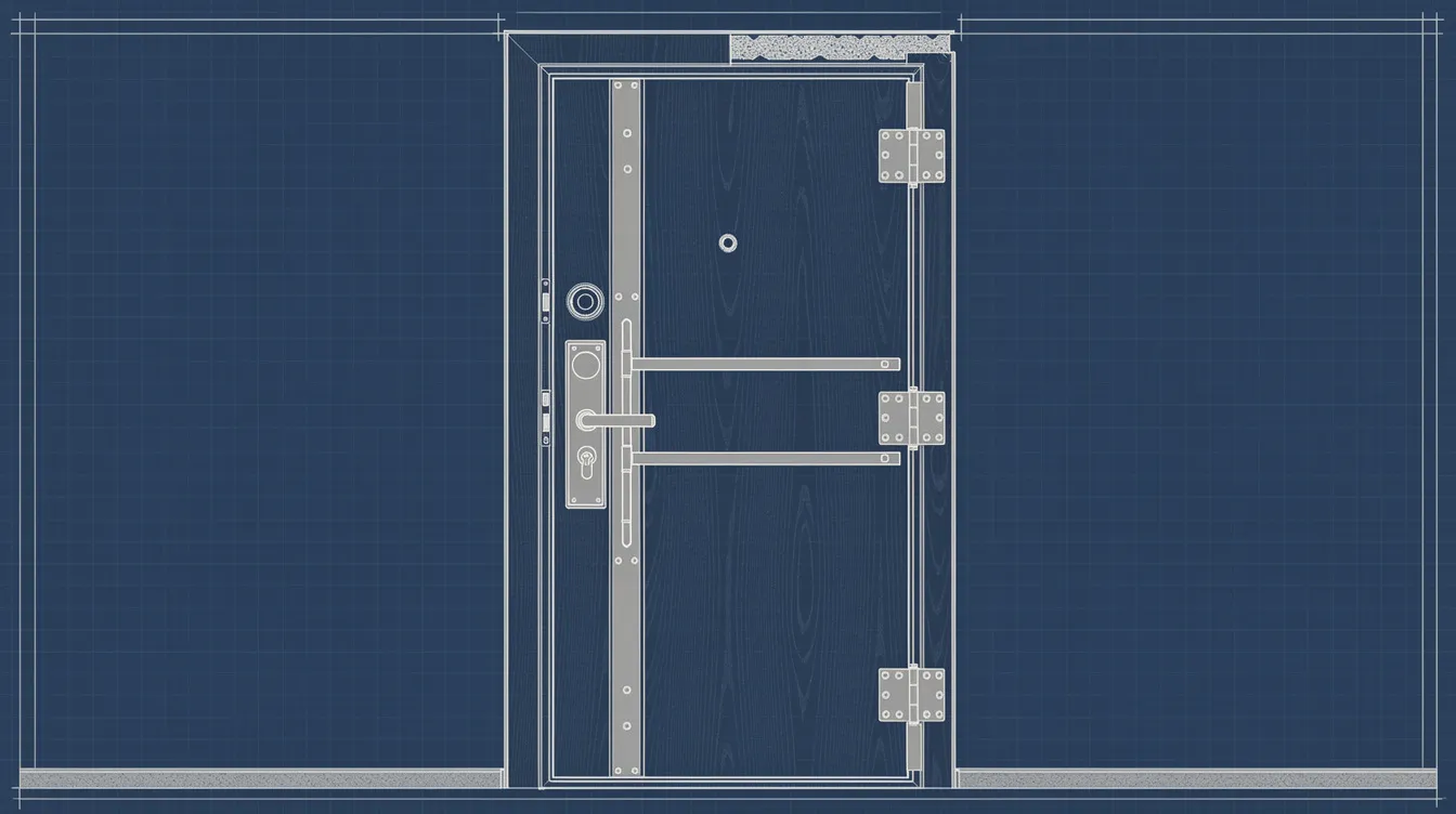 A solid front door with a deadbolt lock and security bar, symbolizing apartment security.