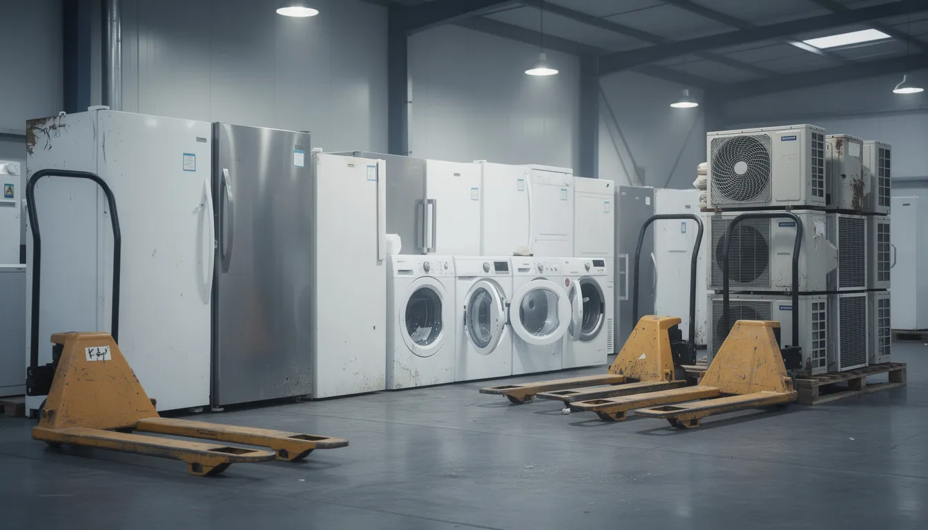 The image shows a variety of old appliances, including refrigerators, washers, and air conditioners, lined up and ready for removal. These items are prepared for proper disposal or recycling through appliance removal services, making it easier for residents to rid their homes of unwanted appliances.