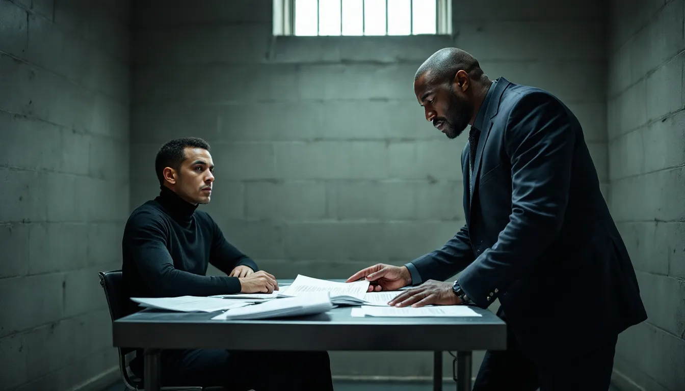 In a jail cell, a criminal defense attorney is meeting with a client dressed in a black turtleneck, reviewing a stack of papers on the table. The attorney is guiding the client through the legal process related to their criminal charges, emphasizing the importance of a strong defense in facing serious felonies.