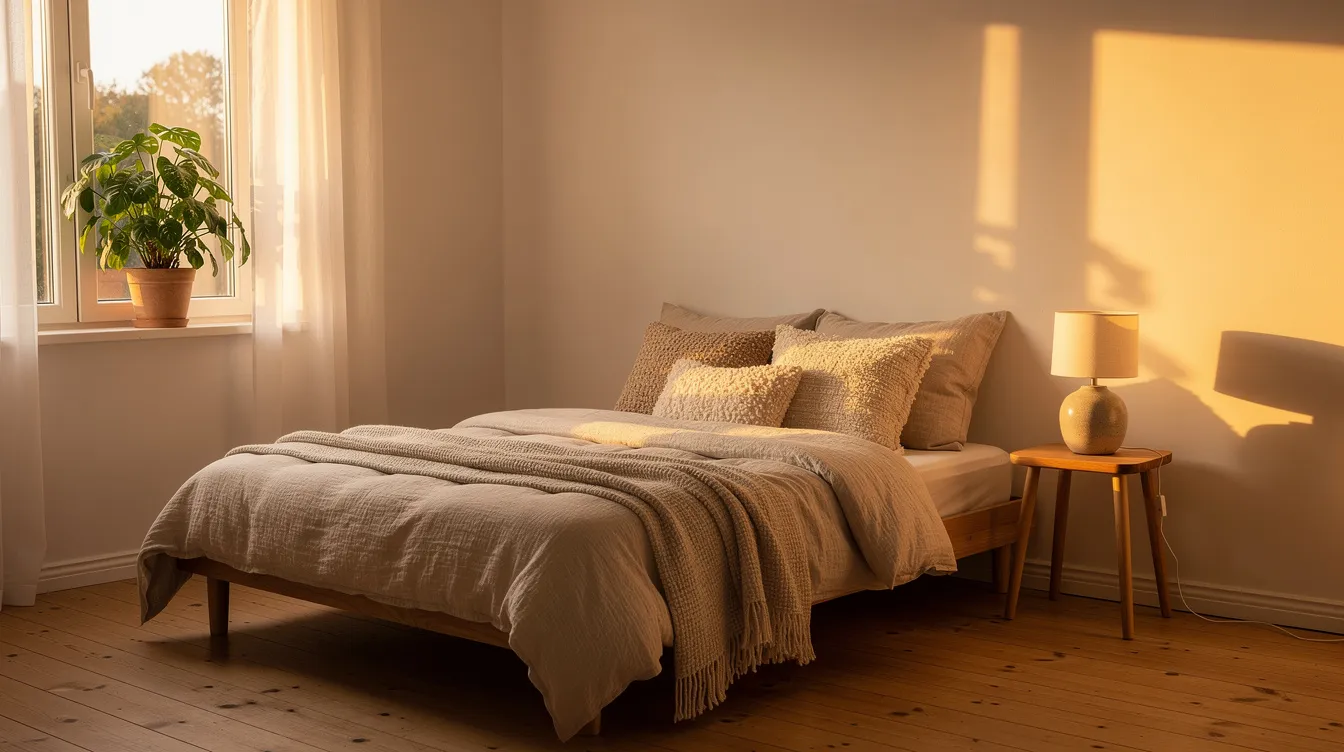 Das Bild zeigt ein gemütliches kleines Schlafzimmer mit einem Leinenbett in sanften Naturtönen, das von warmem Licht durchflutet wird. Auf der Fensterbank steht eine Pflanze, die dem Raum eine ruhige und einladende Atmosphäre verleiht, ideal für eine Wohlfühloase.