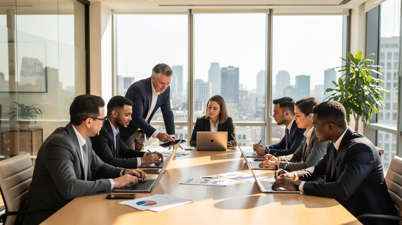 L'image montre une équipe diversifiée de professionnels collaborant autour d'une grande table dans une salle de réunion lumineuse, illustrant l'importance du travail d'équipe pour gérer ses peurs au travail et favoriser le bien-être des employés. Les membres discutent activement, partageant des idées pour améliorer la qualité de vie au sein de l'entreprise.