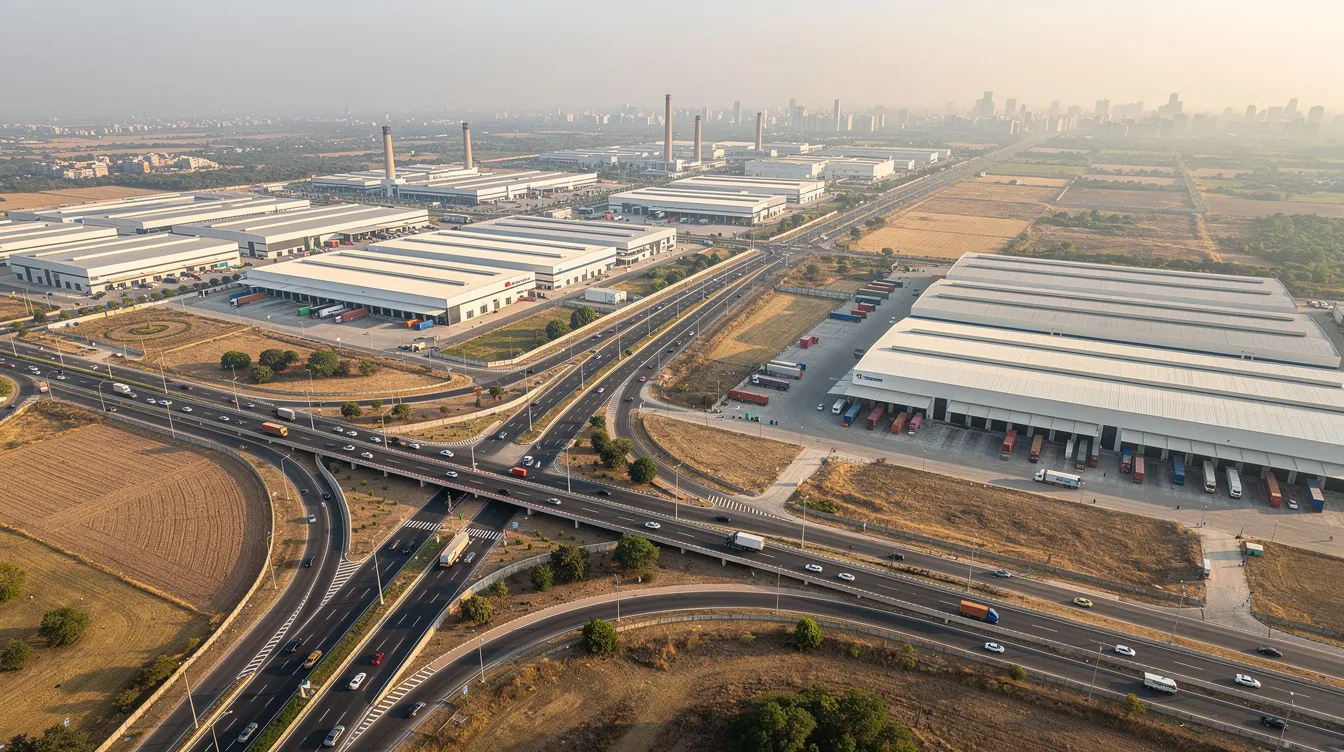 1ee3c4a1 e3ea 4fe2 b1c1 aaba0c125383 An aerial view showcases a modern industrial area in North India, featuring extensive highways and numerous factories, indicative of thriving business opportunities. This region, characterized by strong infrastructure, supports various industries including manufacturing and food processing, highlighting the potential for small business ideas and entrepreneurial journeys in Haryana.