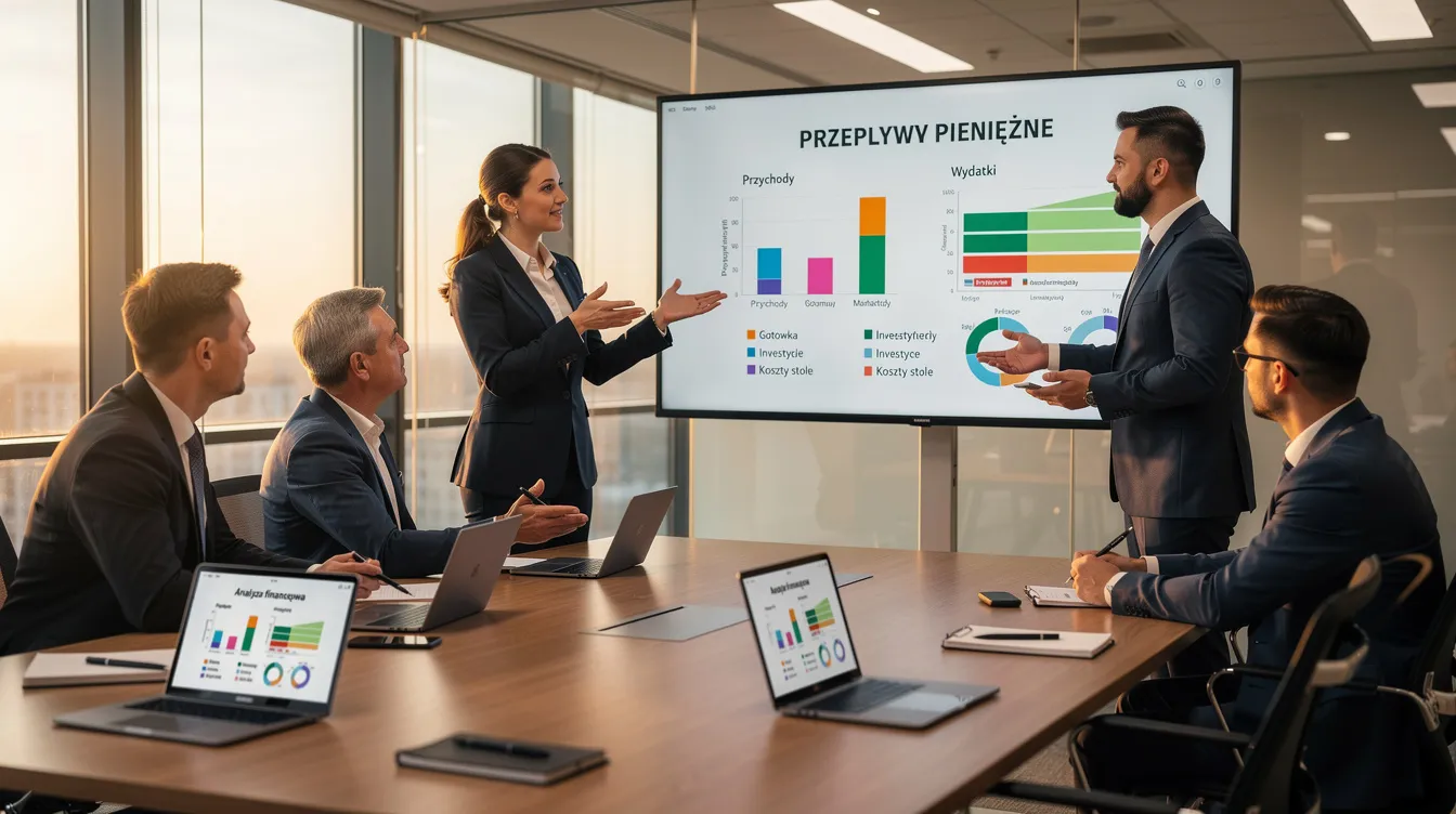1ee47411 f005 44eb aaad 69028b2bf4b9 Na obrazie zespół finansowy omawia wykresy przepływów pieniężnych przy dużym monitorze, skupiając się na analizie odchyleń i kontrolowaniu kosztów. W tle widoczne są notatki i dokumenty, co sugeruje intensywną dyskusję na temat strategii finansowych i efektywności działalności przedsiębiorstwa.