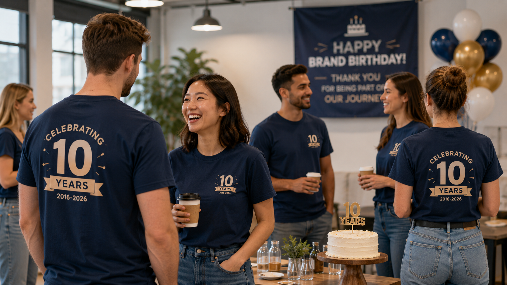 Employees wearing matching anniversary T-shirts during a company birthday celebration