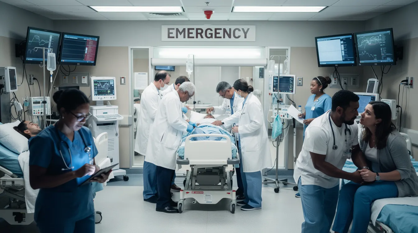The image depicts medical professionals attending to a patient in a bustling hospital emergency room, highlighting the urgent care provided to motorcycle accident victims. The scene captures the intensity of medical treatment for serious injuries, including traumatic brain injuries and spinal cord injuries, often sustained in motorcycle crashes.