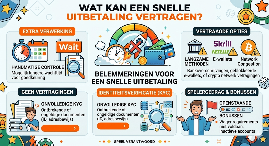 Infographic over wat een snelle uitbetaling bij een online casino kan vertragen, zoals KYC-verificatie, handmatige controles, bonusvoorwaarden en tragere betaalmethoden bij online casino’s in Nederland.