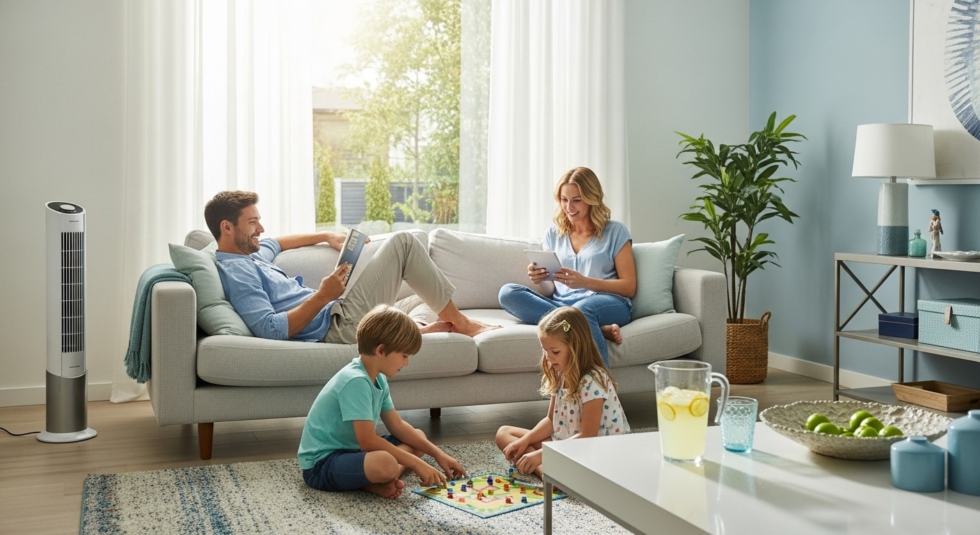 familj sitter i sitt vardagsrum med portabel ac vid sig