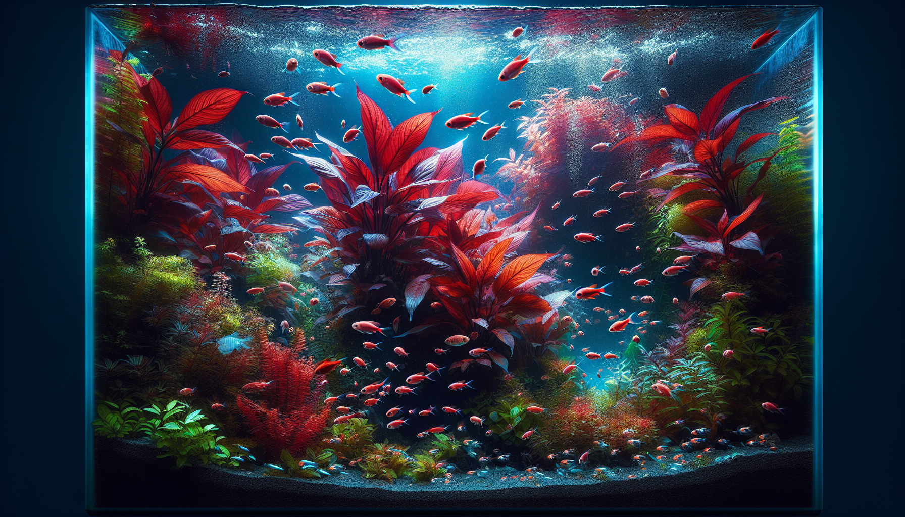 Artistic illustration of a beautifully aquascaped aquarium with Alternanthera Reineckii as a focal point