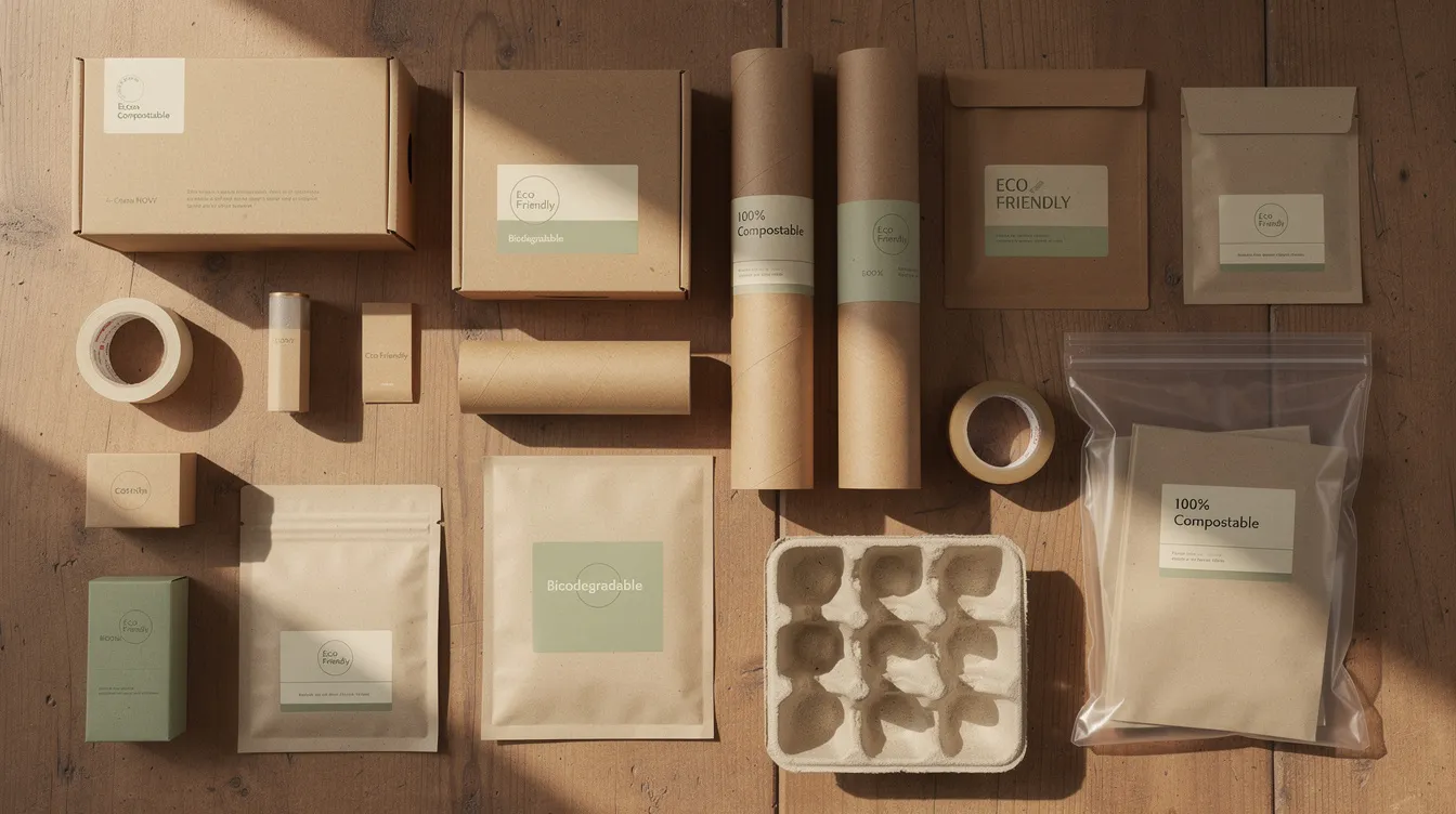 1eed9914 369b 40fc ac8d 289be5751479 An assortment of eco-friendly packaging products made from biodegradable materials is neatly arranged on a wooden surface, showcasing innovative solutions for the manufacturing industry. This display highlights the growing demand for sustainable materials among eco-conscious consumers, making it a profitable business idea in the competitive market.