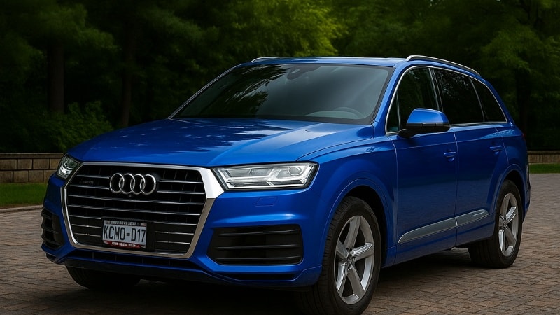 The aesthetics of a blue audi is enhanced with tinted windows