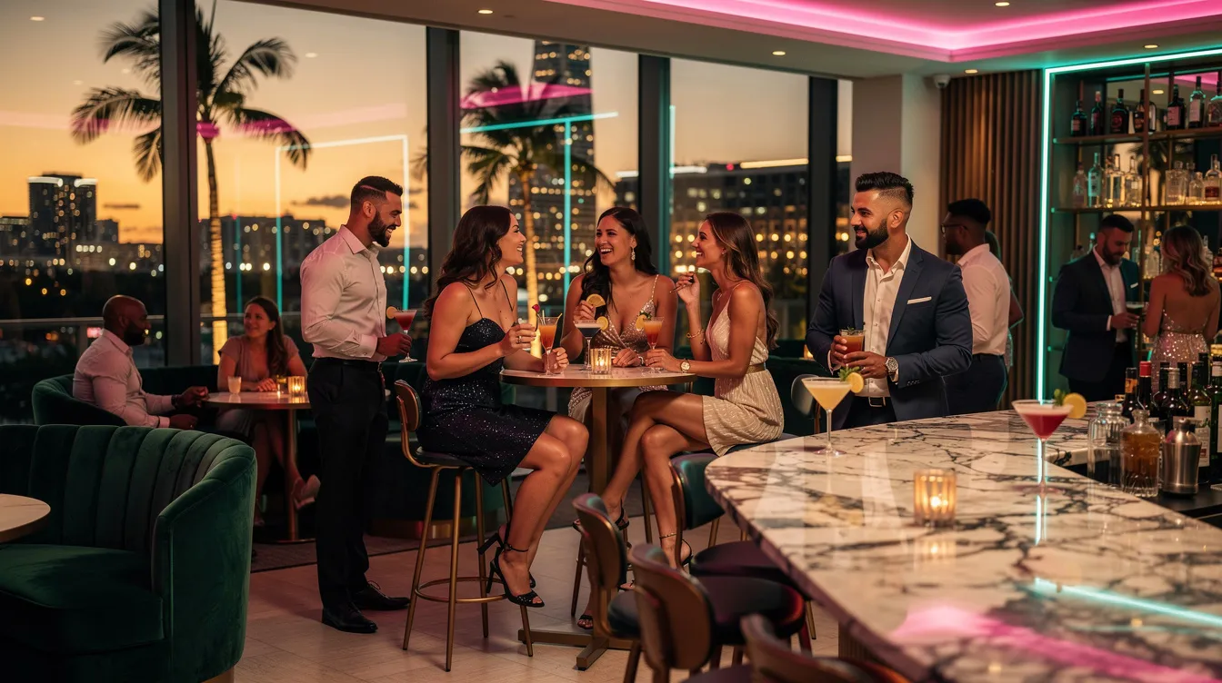 The image depicts a lively upscale cocktail lounge in Miami, filled with young singles engaging in conversation and enjoying their drinks. The vibrant atmosphere reflects the modern dating scene, where emotional intimacy and connections are fostered among young men and women navigating their dating lives.