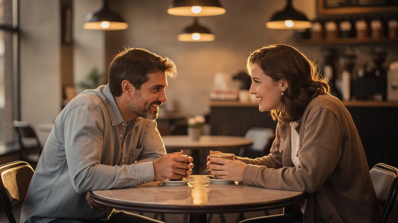 Two people sit at a small table, illuminated by warm lighting, engaged in a deep and genuine conversation, exploring emotional availability and the importance of emotional connection in their relationships. Their interaction reflects a safe space where they can express their feelings and vulnerabilities, fostering intimacy and understanding.