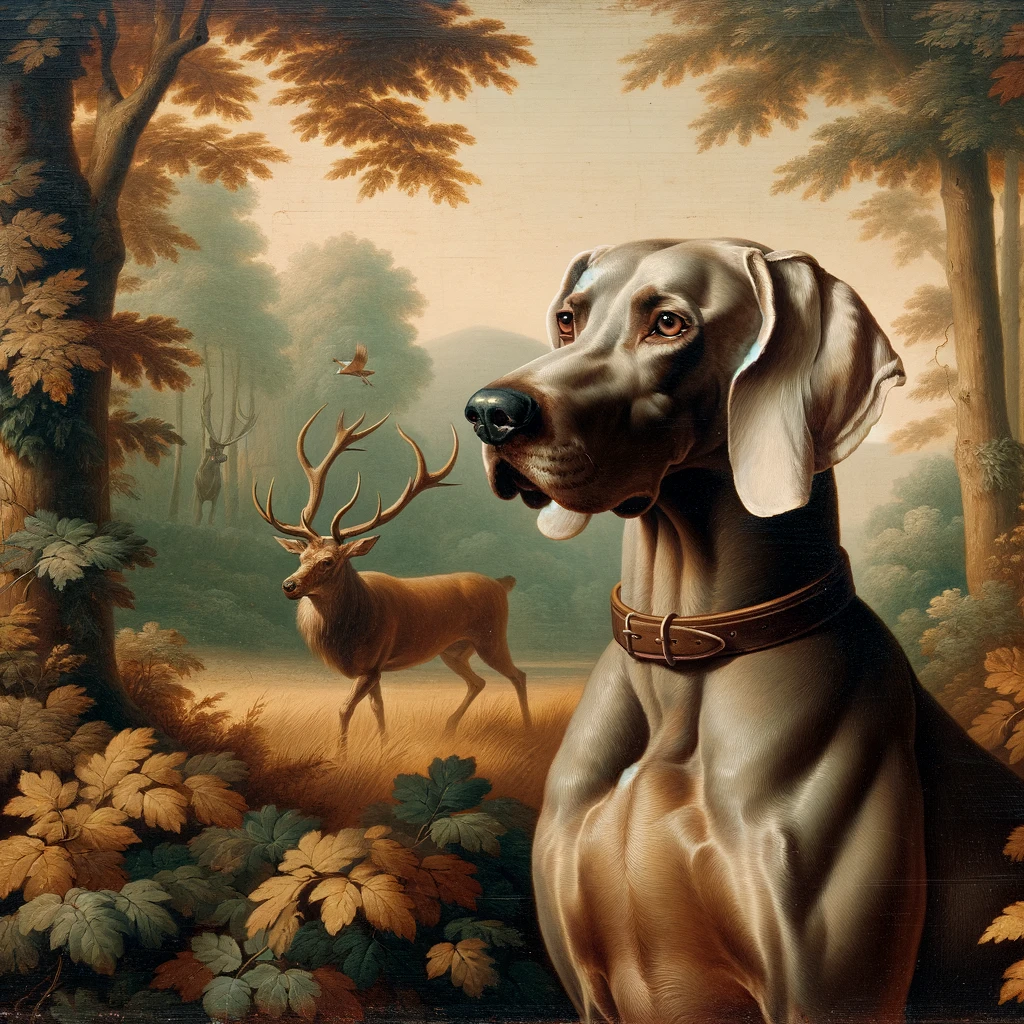 historical painting of a Weimaraner from the 1800s. The dog is depicted with its sleek silver-gray coat and long ears, standing proudly in a classic European hunting scene