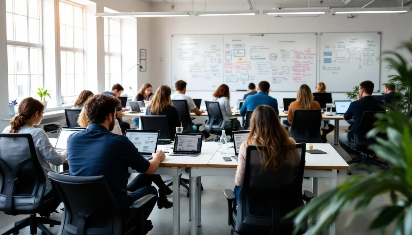 The image depicts a diverse group of solo entrepreneurs collaborating in a modern workspace, surrounded by AI tools and technology that enable them to develop their startups. They are engaged in discussions about generative AI applications, focusing on customer engagement and optimizing operations in a competitive market.