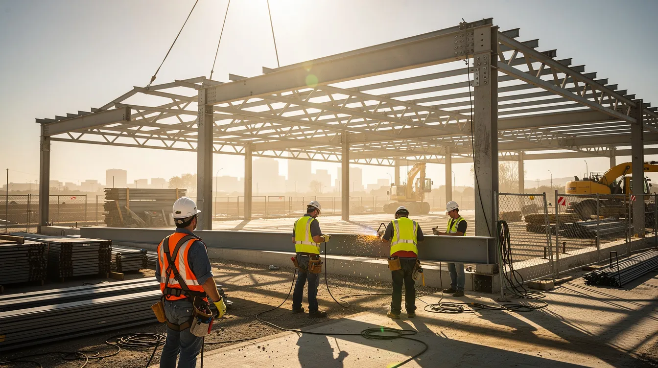 A group of construction workers is seen erecting structural steel framing on a commercial building site beneath a bright summer sky, showcasing the construction process and teamwork involved in managing construction projects. The scene highlights the use of steel as a key construction material, reflecting the industry's focus on efficiency and quality in meeting project budgets.
