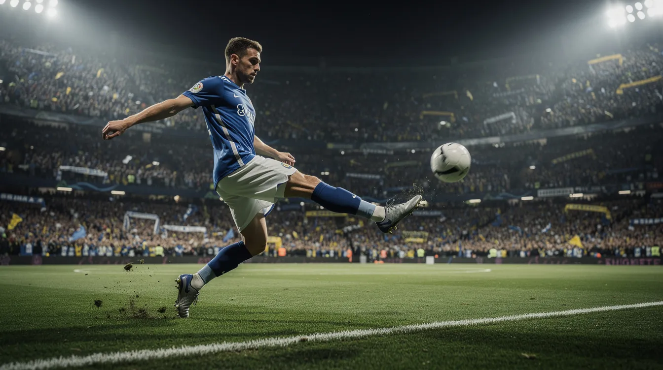 Ein Fußballspieler steht bereit, um einen Freistoß auszuführen, während das Stadion bei Flutlicht voller begeisterter Fans ist. Die Atmosphäre ist elektrisierend, und die Spannung ist deutlich spürbar, während alle auf den nächsten Spielzug warten.