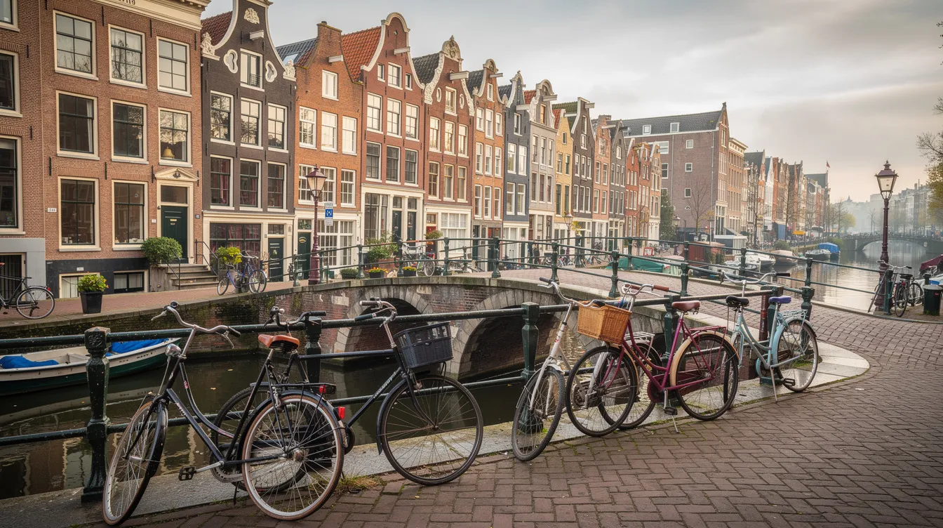 The image depicts traditional Dutch houses with their characteristic gabled roofs lining a serene canal, while bicycles are parked on a quaint bridge above the water. This picturesque scene captures the essence of the Netherlands, reflecting its charming architecture and cycling culture.