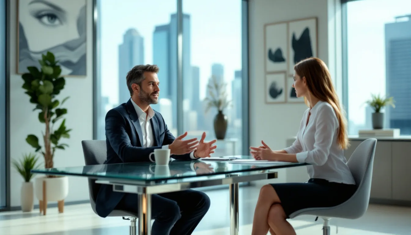A professional bankruptcy lawyer consulting with a client in an office setting.