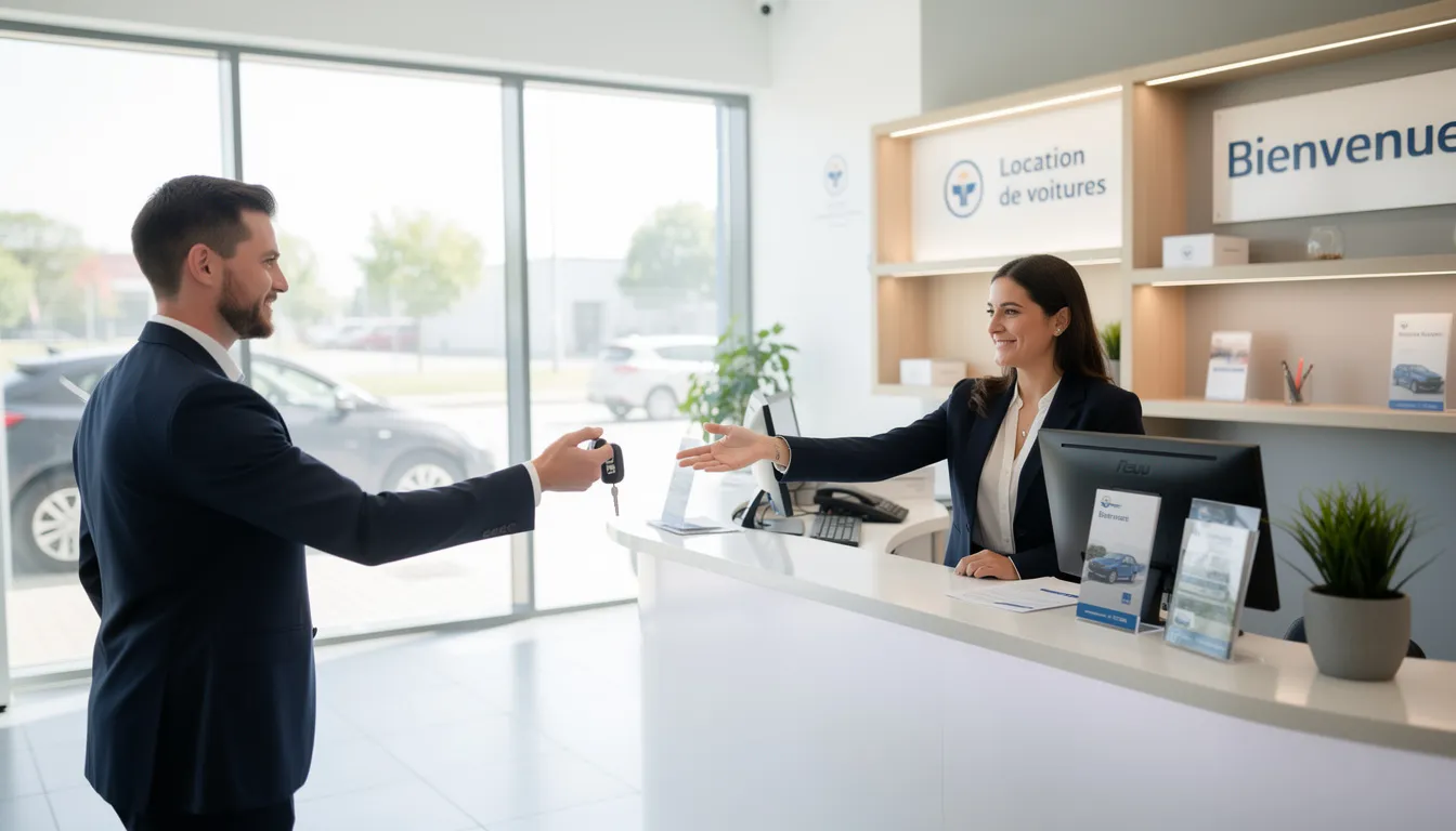 Une personne remet des clés de voiture à un agent de location dans un bureau moderne, illustrant le processus de restitution d'un véhicule de location. L'agent souriant est prêt à finaliser la location et à répondre aux questions sur le contrat et les horaires.