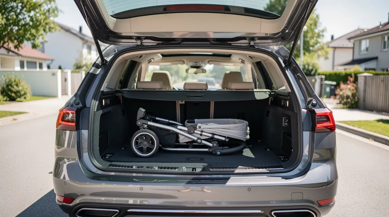 Le coffre ouvert d'un break familial révèle un espace généreux, accueillant une poussette, idéal pour les déplacements en famille. Ce véhicule combine confort et praticité, parfait pour les parents en quête de solutions adaptées à leurs besoins.
