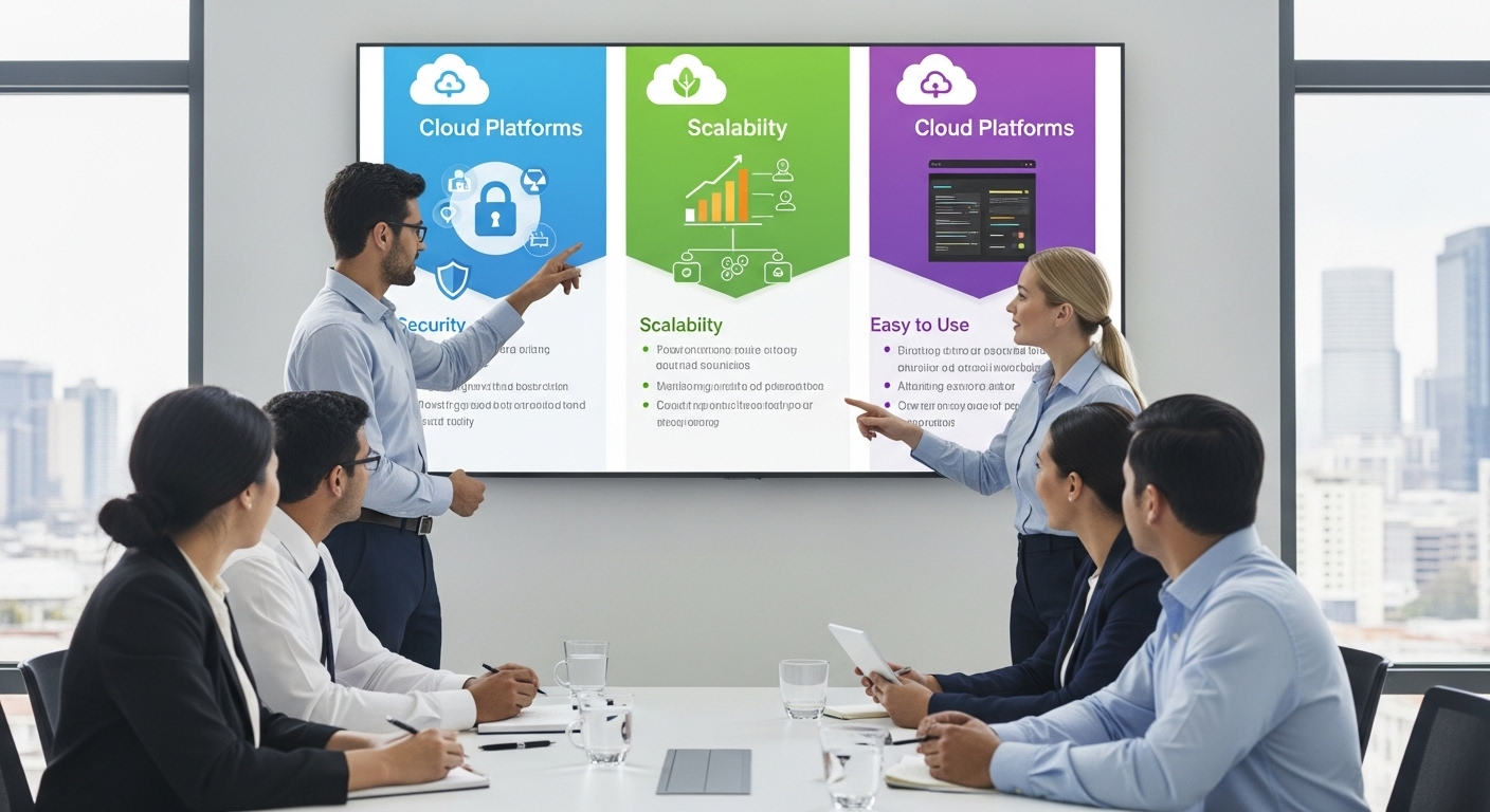 Small business team choosing between different virtual desktop solutions displayed as cloud platforms with distinct features.