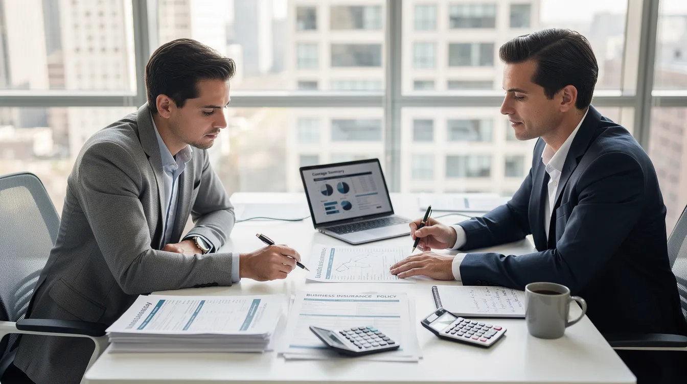 A business owner is seated at a desk, attentively reviewing insurance documents with a financial advisor, focusing on key person disability insurance options that provide financial security for their business in case a critical individual faces an unexpected disability. The scene highlights the importance of proper coverage to ensure business continuity and protect against potential revenue loss.