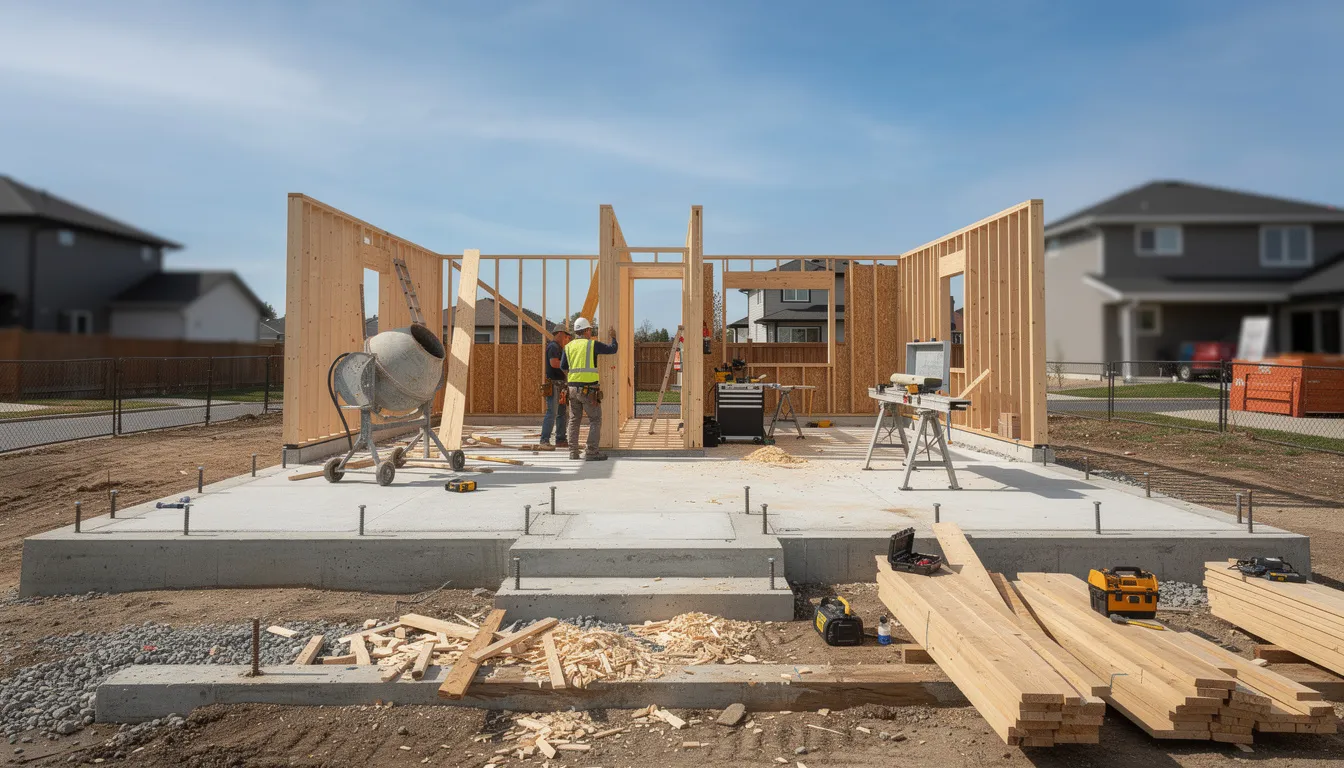 The image depicts a construction site where the foundation and framing of a new house are actively being worked on, showcasing various building materials and equipment. This scene highlights the ongoing build process, which involves careful planning to manage construction costs, including labour and material prices, to avoid unexpected costs and stay within a realistic budget.