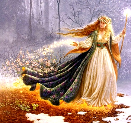 Brigid walking through the winter forest as the snow is melting with a flower crown and Celtic winter robes on.