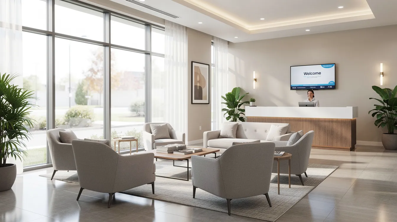 The image depicts a modern and inviting medical office waiting room, featuring comfortable seating and ample natural light, creating a relaxing environment for patients awaiting their tummy tuck consultations and other plastic surgery procedures. The space is designed to promote a sense of calm and professionalism, ideal for those considering options like full tummy tucks or mini tummy tucks.