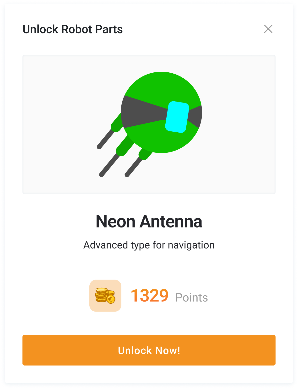 Robot part neon antenna and number of coins needed to buy it