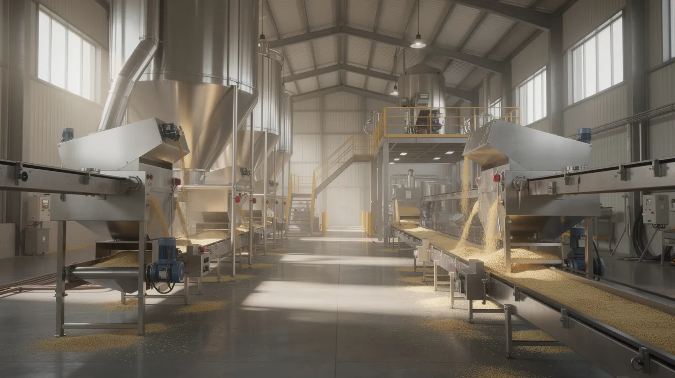 1efca15b 50a3 42e5 a774 b96e61a635e7 The image depicts the interior of a food grain processing plant, showcasing conveyor belts and steel machinery used in the poha manufacturing process. The environment is filled with raw materials like rice and peanuts, emphasizing the industrial setting dedicated to producing flattened rice and other food grains.