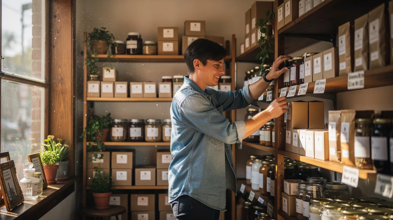 1efe3c2c 2c6c 44c6 a37a 9171ba55f996 A small business owner is seen organizing inventory on shelves within a local shop, demonstrating the crucial operations involved in managing a micro enterprise. This scene highlights the importance of effective inventory management for small businesses looking to expand their operations and improve cash flow.