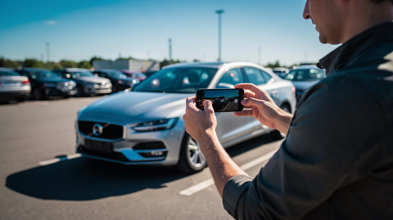 Une personne prend une photo de l'extérieur d'une voiture de location dans un parking ensoleillé, probablement en préparation d'un road trip au Maroc. On peut voir des véhicules stationnés autour, créant une ambiance de voyage et de liberté.