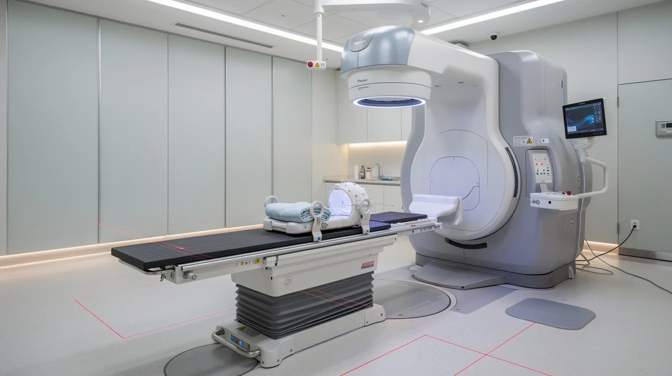 The image depicts a modern radiation therapy treatment room equipped with a linear accelerator and patient positioning equipment, designed for cancer patients undergoing treatment. This facility highlights advanced medical technology aimed at providing effective cancer care, particularly for those in need, such as underprivileged cancer patients.