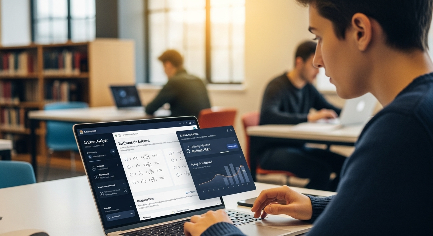 Student using AI exam helper that adjusts difficulty and learning pace in real time.