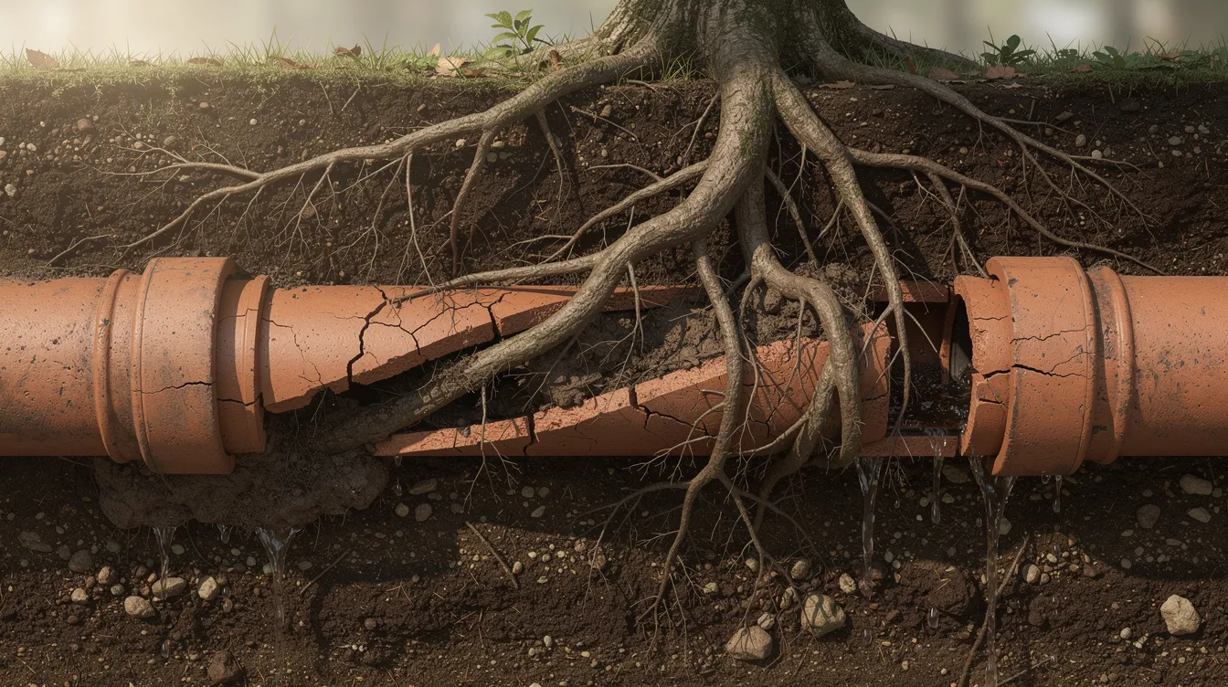 The image depicts tree roots aggressively wrapping around and penetrating underground clay sewer pipes in moist soil, highlighting the potential for root intrusion that can lead to severe blockages and pipe problems in the plumbing system. This visual emphasizes the importance of regular inspections and preventative measures, such as installing root barriers, to protect drain lines from future root growth.