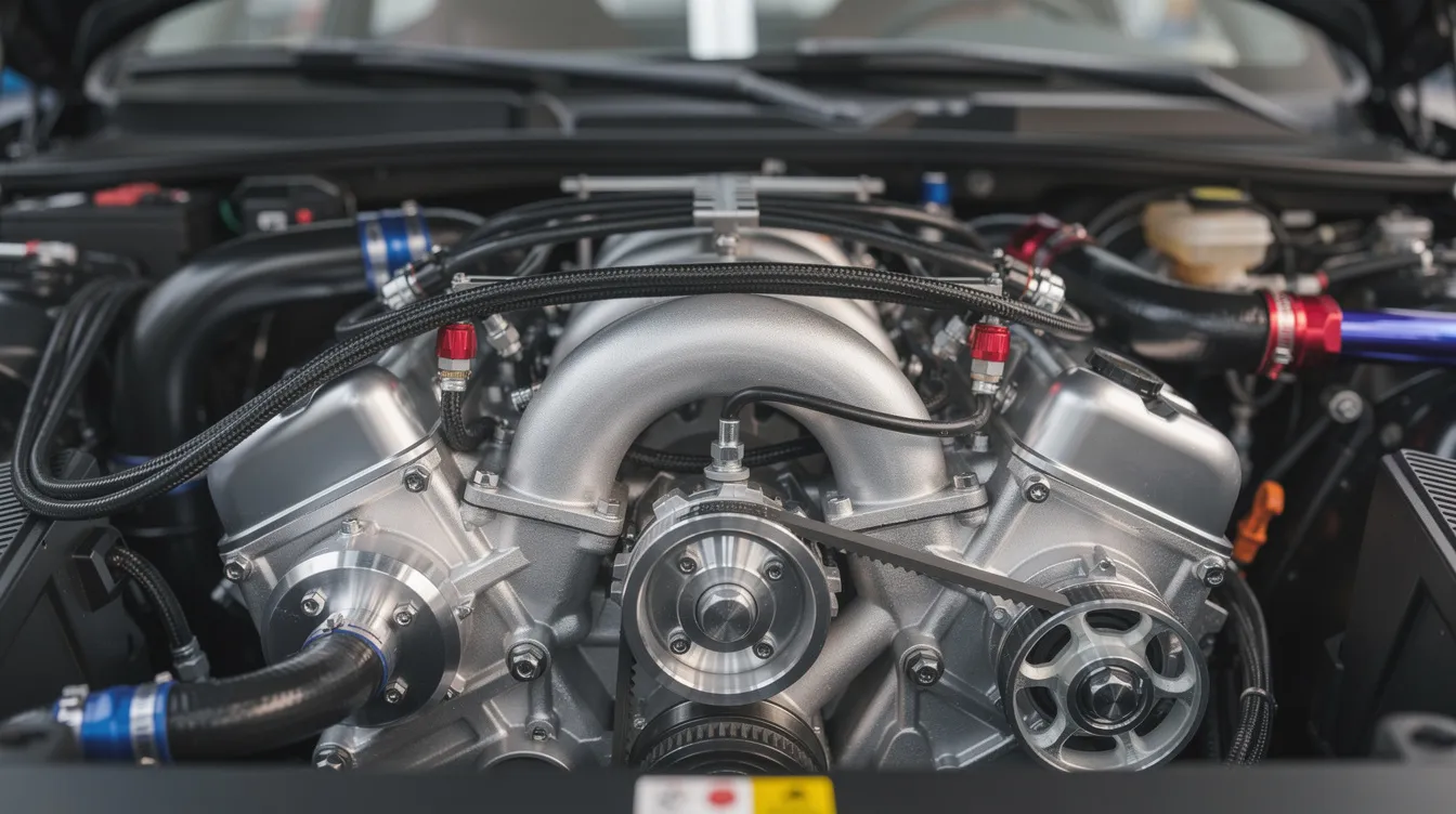 The image features a close-up view of a clean performance engine bay, showcasing various aluminum components and neatly arranged hoses, including an intake manifold and coolant lines. This setup, often found in vehicles like the Subaru WRX, is designed to improve performance and efficiency by effectively managing oil vapor and preventing condensation.