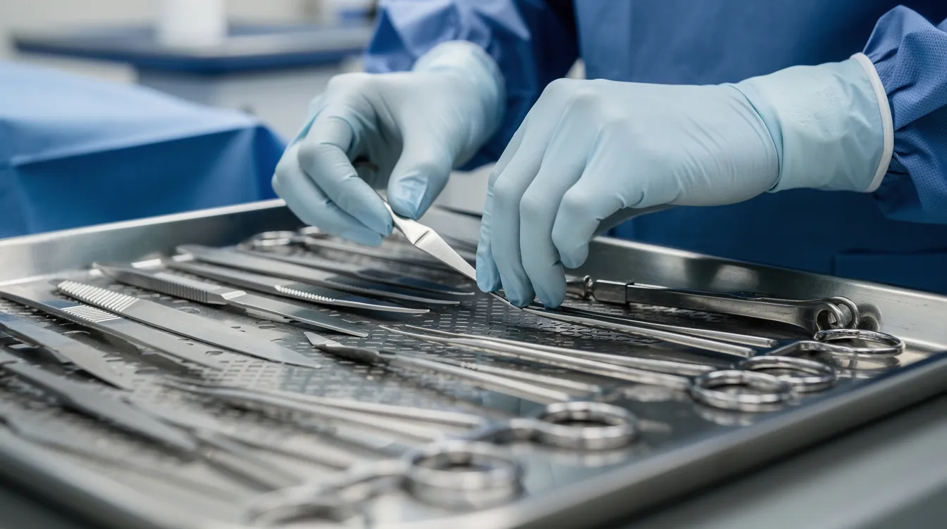 A close-up view shows a medical professional's gloved hands meticulously arranging surgical instruments on a sterile tray, preparing for an arm lift procedure. The image emphasizes the careful preparation necessary for cosmetic surgery, highlighting the importance of maintaining a sterile environment to prevent infection during the surgery.