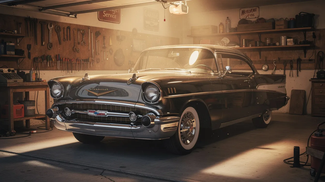 A vintage classic car is parked in a warmly lit garage, showcasing its polished exterior and timeless design. This scene evokes a sense of nostalgia, reminiscent of the rich cultural heritage found in Santa Fe, New Mexico.