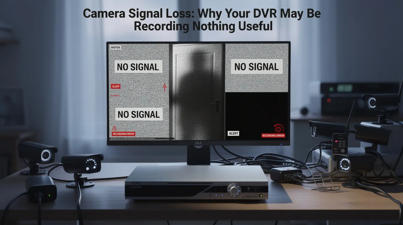 MDVR system is not recording: The image depicts a computer screen displaying a warning message about camera signal loss, indicating that the DVR is not recording any useful video. It highlights common problems customers may face, such as issues with motion detection or hard drive setup, and suggests contacting technical support for assistance in resolving the issue.